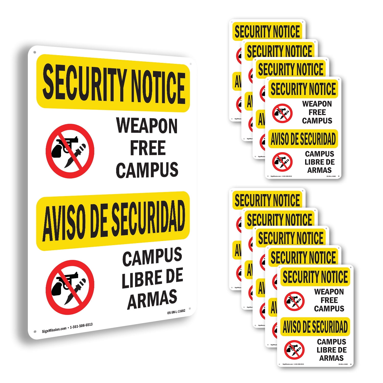 Weapon Free Campus Bilingual OSHA Security Notice Rigid Plastic Sign 18 ...