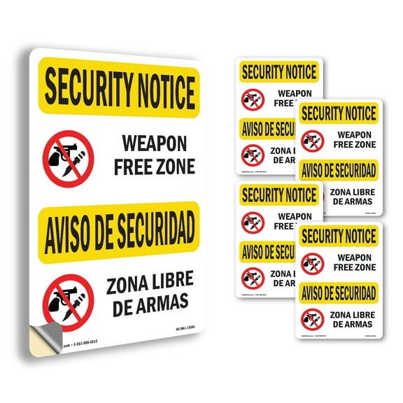 Weapon Free Zone Bilingual OSHA Security Notice Vinyl Decal Label 5 Inch x 3.5 Inch - 5 Pack