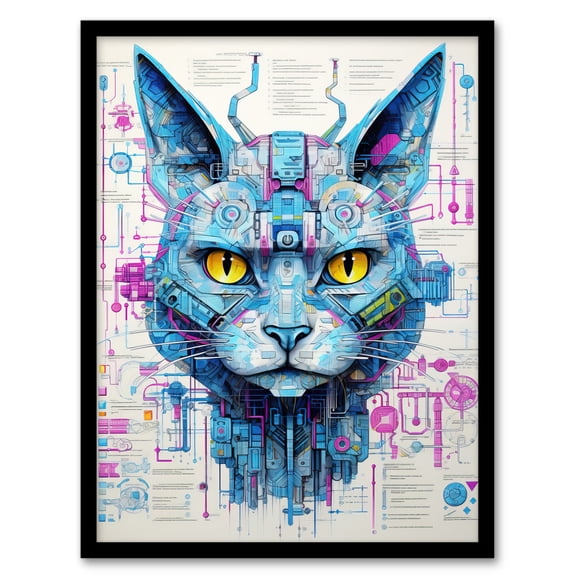 Weaponized Cat Robot Hybrid Secret Military Schematic Blueprint Futuristic Complex Arcane Manuscript Gift For Him Man Cave Art Print Framed Poster Wall Decor 12x16 inch