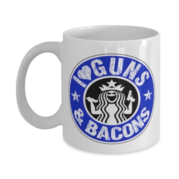 Weapons Coffee Mug, I Love Guns And Bacons, Foodie Gift, White Ceramic Cup