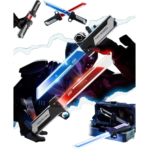 Weapons Dual-Blade Sword | Reversible Hilt 2-in-1 Red/Blue Light Sword | Swing-to-Extend Plug-in Retract Retractable Blade Fidget Toy Cosplay Prop & Collector’s Item Valentines Day Gifts for Him
