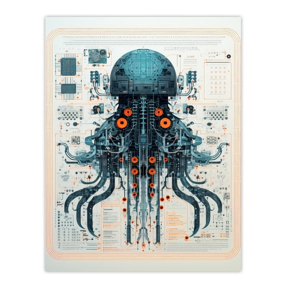 Weapons Grade Jellyfish Robot Hybrid Secret Military Schematic Blueprint Futuristic Complex Arcane Manuscript Gift For Him Man Cave Extra Large XL Wall Art Poster Print