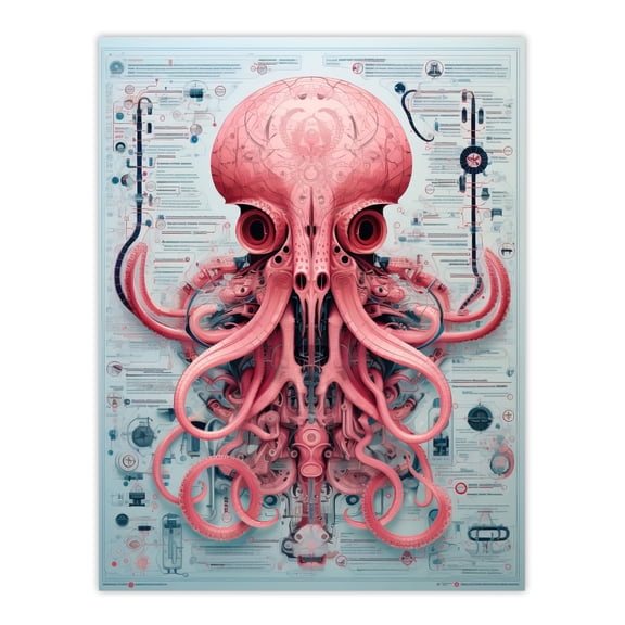 Weapons Grade Octopus Robot Hybrid Secret Military Schematic Blueprint Futuristic Complex Arcane Manuscript Gift For Him Man Cave Extra Large XL Wall Art Poster Print