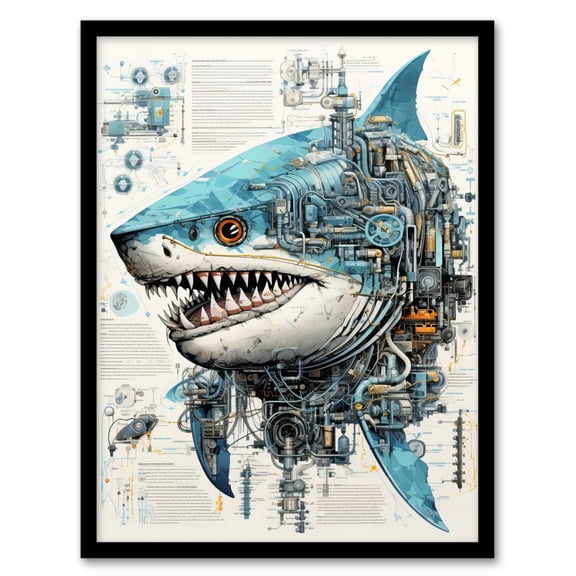 Weapons Grade Shark Robot Hybrid Secret Military Schematic Blueprint Futuristic Complex Arcane Manuscript Gift For Him Man Cave Art Print Framed Poster Wall Decor 12x16 inch