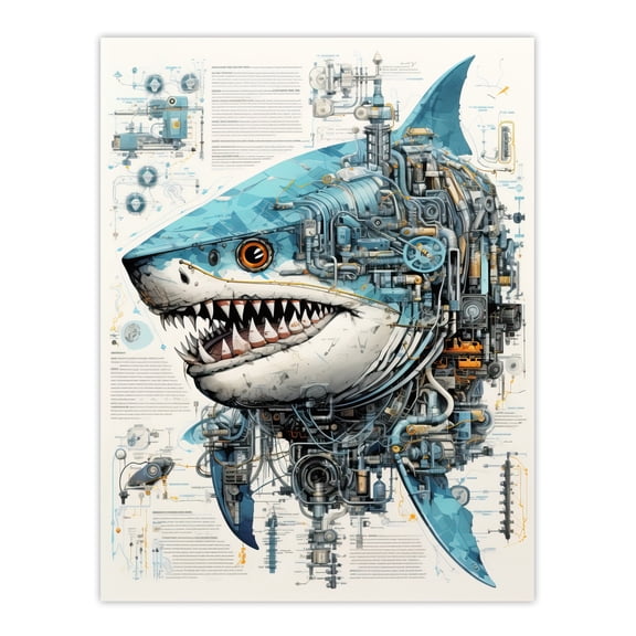 Weapons Grade Shark Robot Hybrid Secret Military Schematic Blueprint Futuristic Complex Arcane Manuscript Gift For Him Man Cave Large Wall Art Poster Print Thick Paper 18X24 Inch