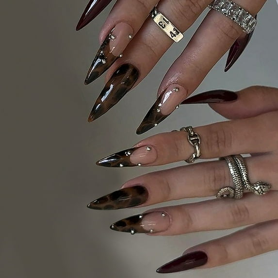 Wear Armor Leopard Print Silver Steel Ball Pointed Nail Simple
