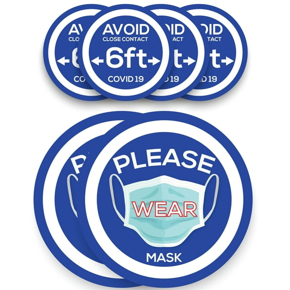 Wear Face Mask Sticker Sign - Social Distance Keep 6 ft Floor Window Sticker - Warning Caution Virus Quarantine Safety for Window Door Sticker - Notice Stay Away - BLUE