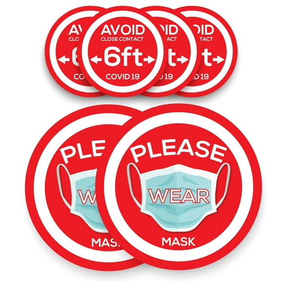 Wear Face Mask Sticker Sign - Social Distance Keep 6 ft Floor Window Sticker - Warning Caution Virus Quarantine Safety for Window Door Sticker - Notice Stay Away - RED