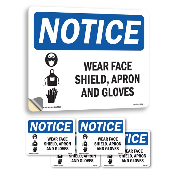 Wear Face Shield Apron And Gloves With Symbol OSHA Notice Vinyl Decal Label 5 Inch x 3.5 Inch - 5 Pack