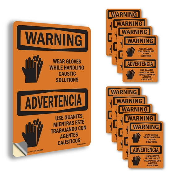 Wear Gloves Caustic Solutions Bilingual OSHA WARNING Vinyl Decal Label 18 Inch x 12 Inch - 10 Pack