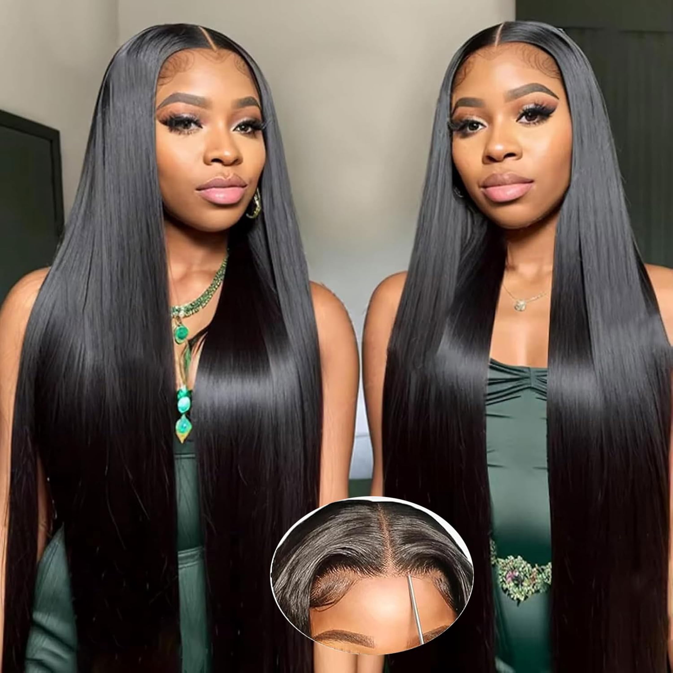 Wear and Go Glueless Wigs 28 Inch Pre Plucked Pre Cut 5x5 HD Lace Closure Wigs Human Hair Straight with Baby Hair for Beginners Natural Black 200% Density