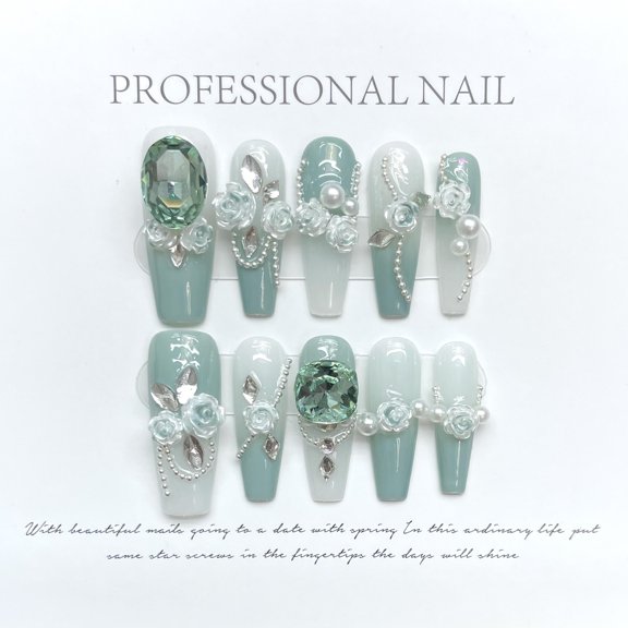 Wear Nail Green Full Diamond Camellia Gradient Chain All-match National Style New Chinese Manicure