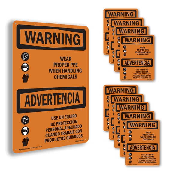 Wear PPE Handling Chemical Bilingual OSHA WARNING Rigid Plastic Sign 10 Inch x 7 Inch - 10 Pack