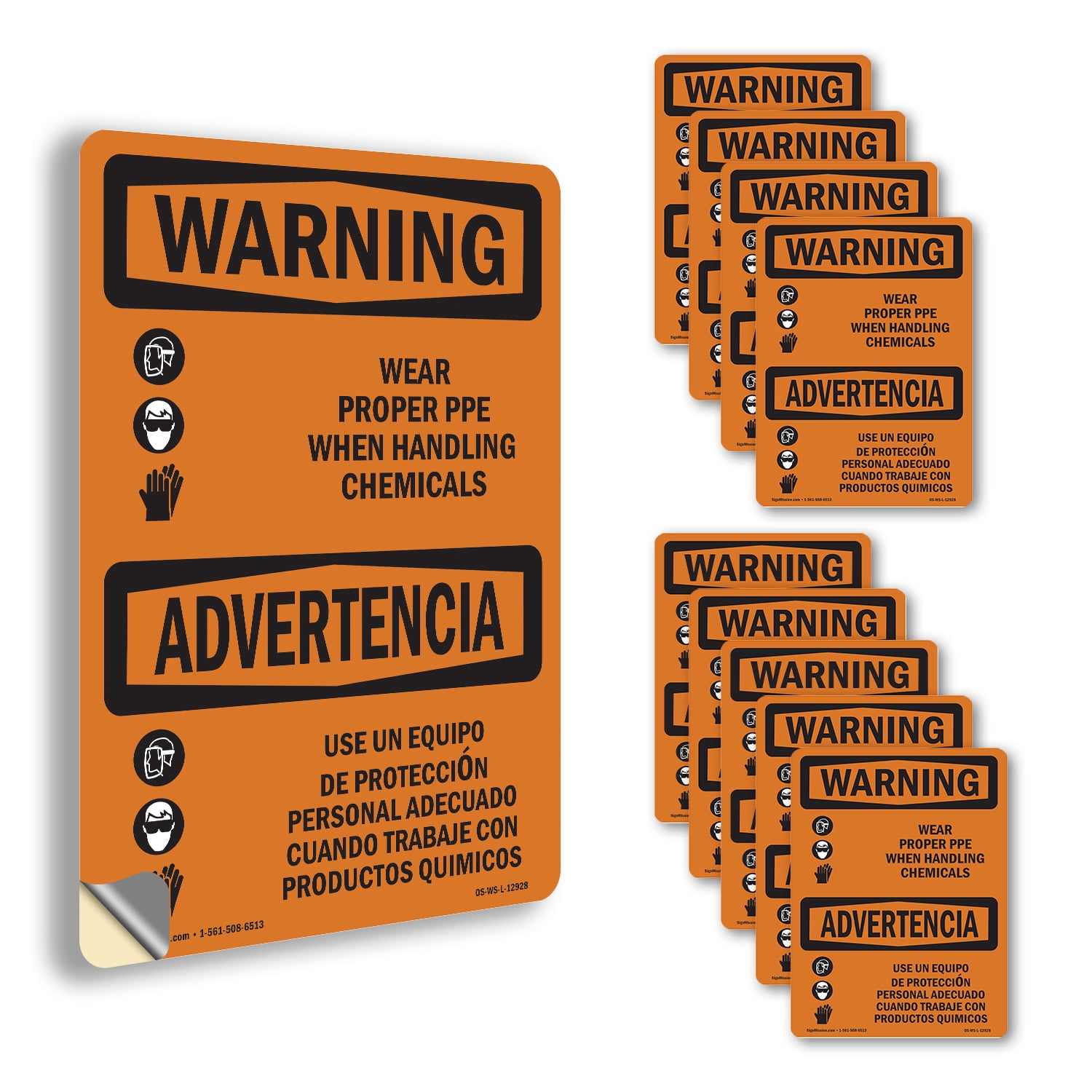 Wear PPE Handling Chemical Bilingual OSHA WARNING Vinyl Decal Label 10 ...