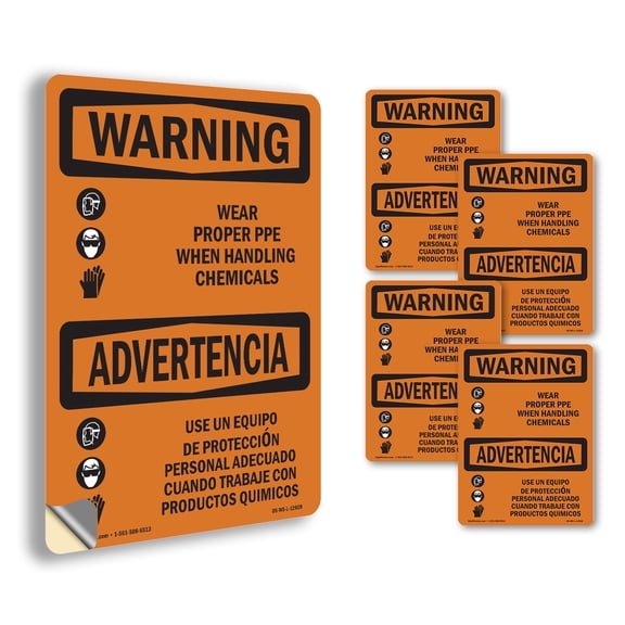 Wear PPE Handling Chemical Bilingual OSHA WARNING Vinyl Decal Label 5 Inch x 3.5 Inch - 5 Pack