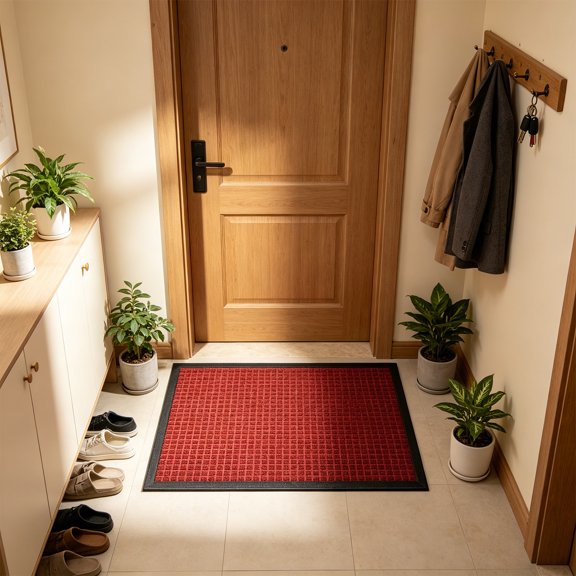Wear-Proof Entrance Mat for Front Doors, 18" x 30" Polyester Anti-Skid Rubber Backing, Sand-Trapping Dirt-Removing Checkered Rug, Gray Red Yellow Black Entryway Floor Mat