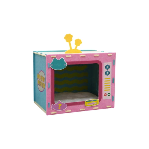 Wear Proof Non Shedding All Season Cat Bed Semi Enclosed House With Scratching Post Retro Tv Shaped For Indoor