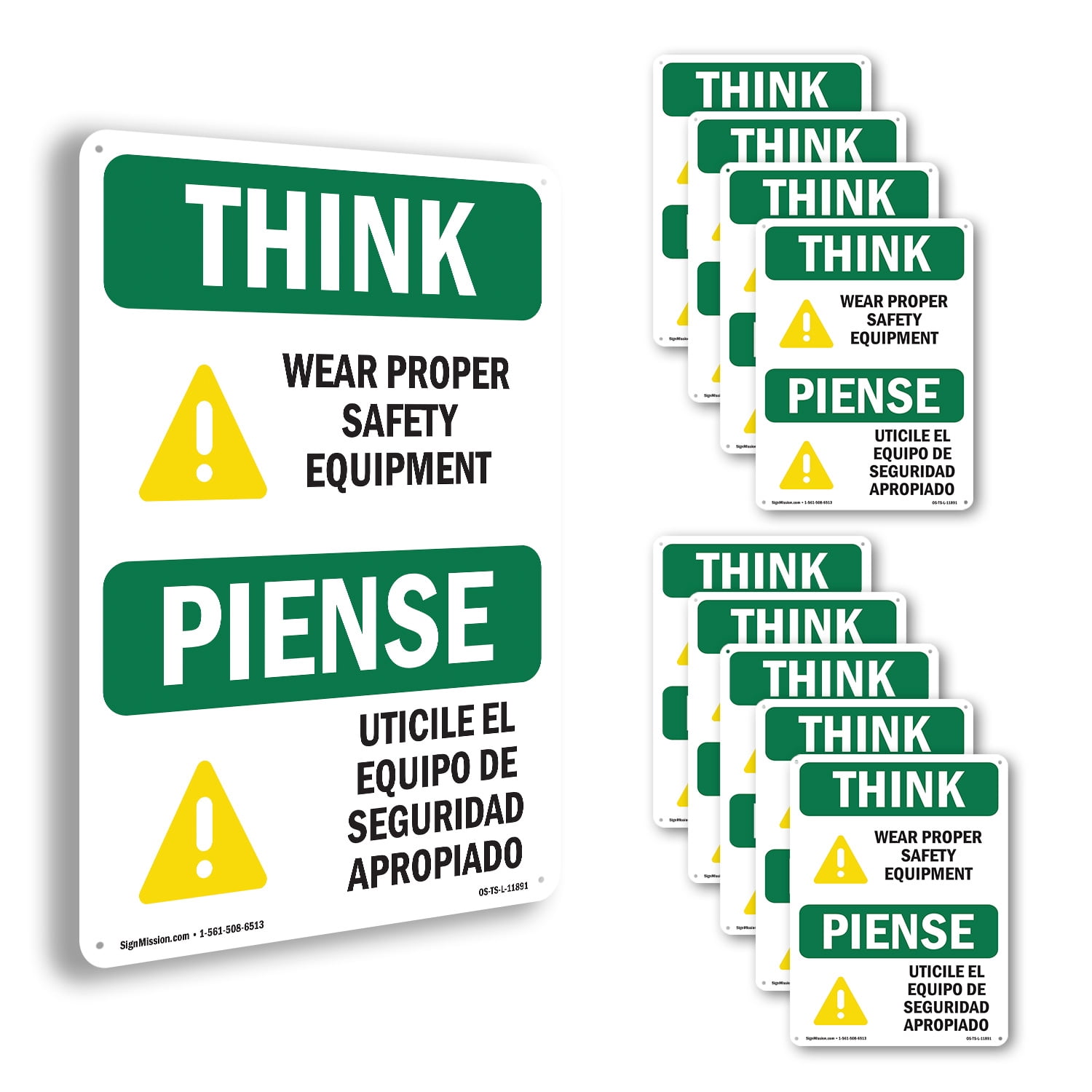Wear Proper Safety Equipment Bilingual OSHA Think Rigid Plastic Sign 18 ...