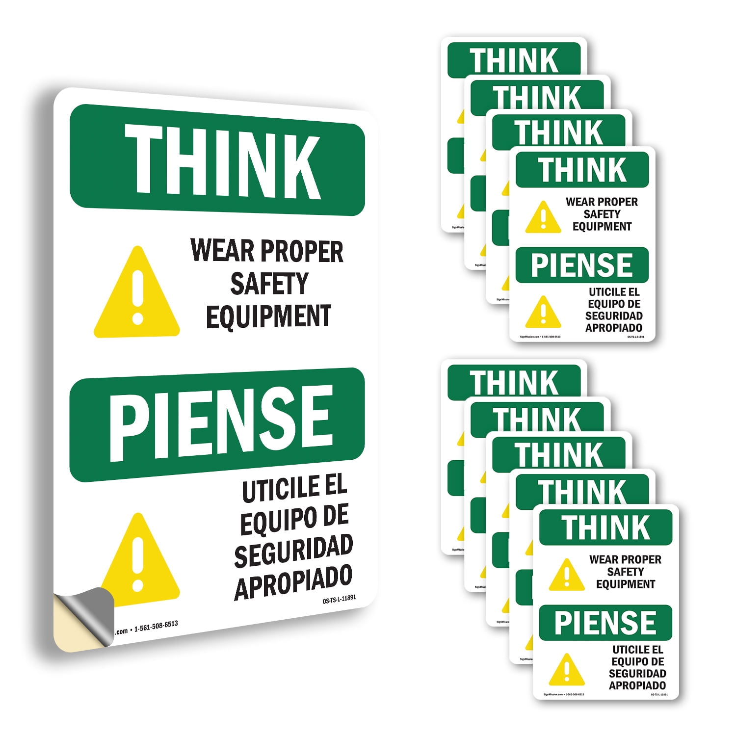Wear Proper Safety Equipment Bilingual OSHA Think Vinyl Decal Label 7 ...