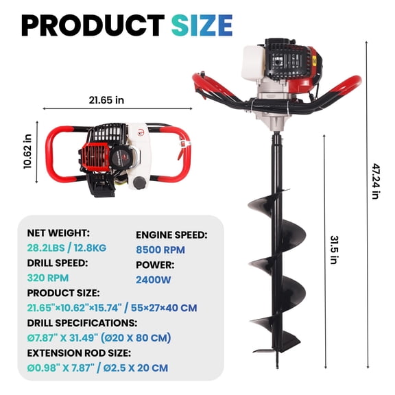 Wear-Resistant Auger Gas Powered Post Hole Digger, 30" Depth 63CC Auger Digger, Post Hole Auger for Yard Work