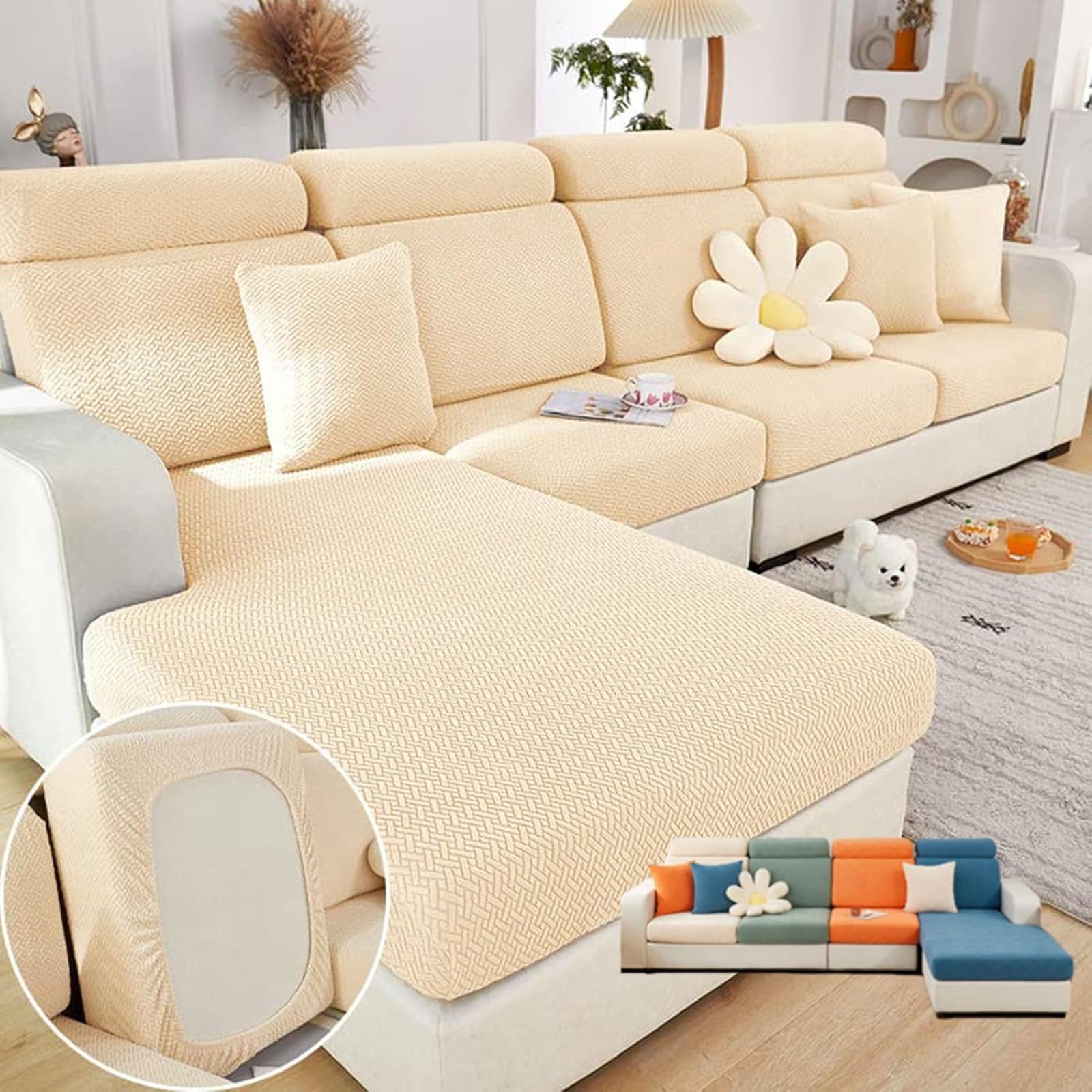 Wear-Resistant Universal Sofa Cover, Stretch Couch Cushion Slipcovers Replacement, Anti-Slip L Shape Sofa Covers, Chaise Lounge Sofa Slipcover（Back Cover L/Beige）
