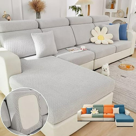 Wear-Resistant Universal Sofa Cover, Stretch Couch Cushion Slipcovers Replacement, Anti-Slip L Shape Sofa Covers, Chaise Lounge Sofa Slipcover(Back Cover L/Light Grey)