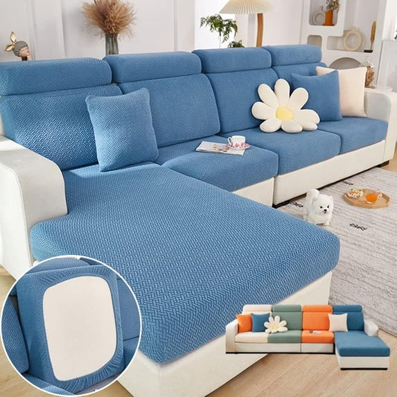 Wear-Resistant Universal Sofa Cover, Stretch Couch Cushion Slipcovers Replacement, Anti-Slip L Shape Sofa Covers, Chaise Lounge Sofa Slipcover(Headrest Cover/Blue)