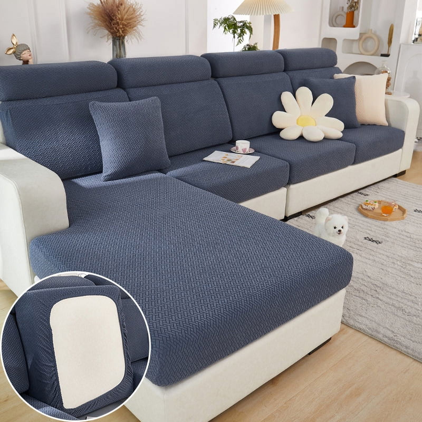 Wear-Resistant Universal Sofa Cover, Stretch Couch Cushion Slipcovers Replacement, Anti-Slip L Shape Sofa Covers, Chaise Lounge Sofa Slipcover（Large Double Seat Cover/Dark Blue）