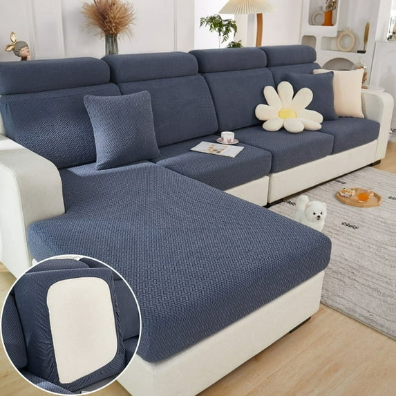 Wear-Resistant Universal Sofa Cover, Stretch Couch Cushion Slipcovers Replacement, Anti-Slip L Shape Sofa Covers, Chaise Lounge Sofa Slipcover(Large Double Seat Cover/Dark Blue)