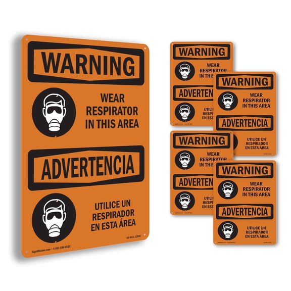 Wear Respirator In This Area Bilingual OSHA WARNING Rigid Plastic Sign 24 Inch x 18 Inch - 5 Pack