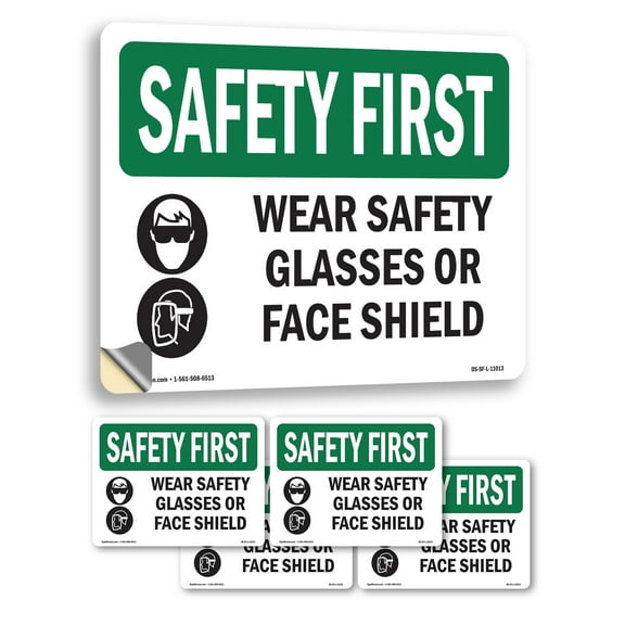 Wear Safety Glasses Or Face Shield With Symbol OSHA SAFETY FIRST Vinyl Decal Label 5 Inch x 3.5 Inch - 5 Pack