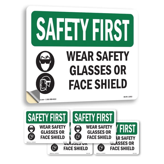 Wear Safety Glasses Or Face Shield With Symbol OSHA SAFETY FIRST Vinyl Decal Label 7 Inch x 5 Inch - 5 Pack