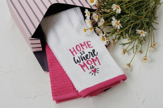 Wear Sierra 100% Cotton Kitchen Towel Set of 2 – Soft & Absorbent Dish Towels for Cooking & Cleaning – “Home Is Where Mom Is” Design