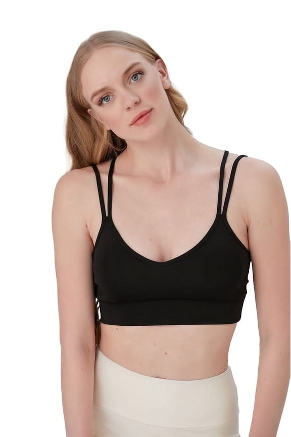 Juniors' & Women's Lightly Padded Sports Bra, Plunge Neck, Double Strap, Soft Black, M/L