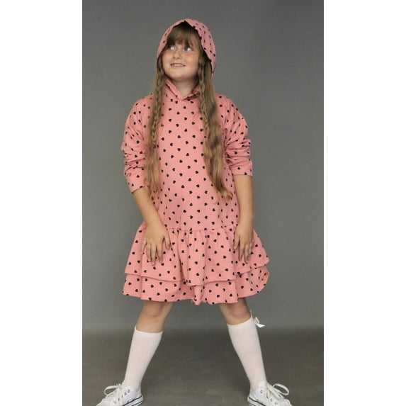 Wear Sierra Little Girl’s Hoodie Dress, Cotton Knit with Lycra, Tiered Skirt, Pink, Size 8