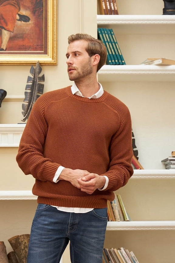 Men's Pullover Sweater, Long Sleeve, Crewneck, for Male, Relaxed Fit, Brown, Small