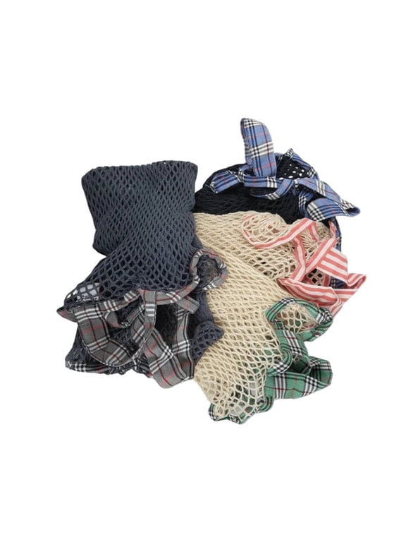 Reusable Cotton Mesh Grocery Bags, 4-Pack Assorted Colors (Black, Green, Blue, Red), Lightweight String Shopping Totes with Handles