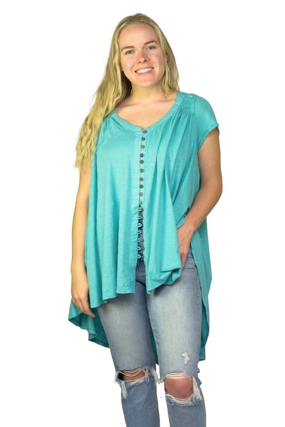 Summer Tunic Swing Top, Cotton, Button Front, Rolled Sleeves, Turquoise, Small