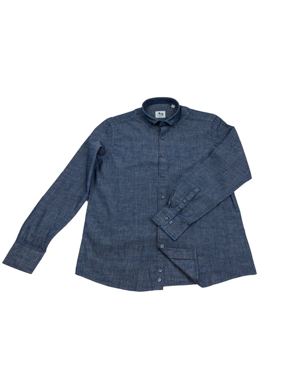 Top Shelf Chambray Navy Button Down Shirt, Long Sleeve, Cotton, Small, 1-Pack