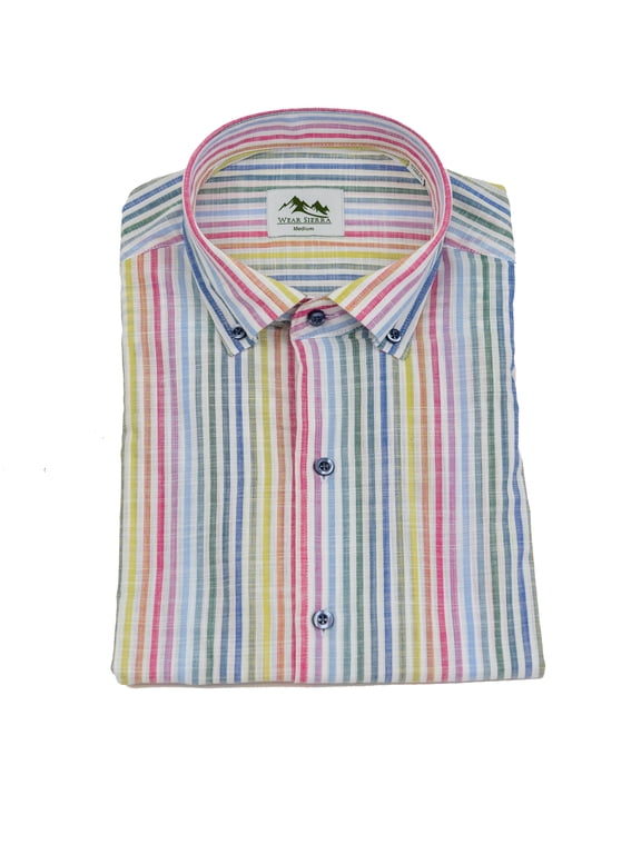 Top Shelf Cotton Short Sleeve Button Down Shirts White Rainbow Stripes