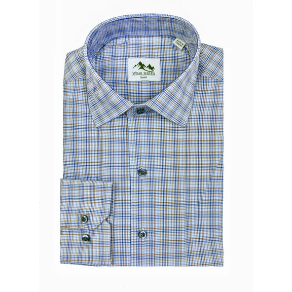 Wear Sierra Top Shelf Men's Turkish Cotton Long Sleeve Button Up Shirt in Blue & Brown Plaid
