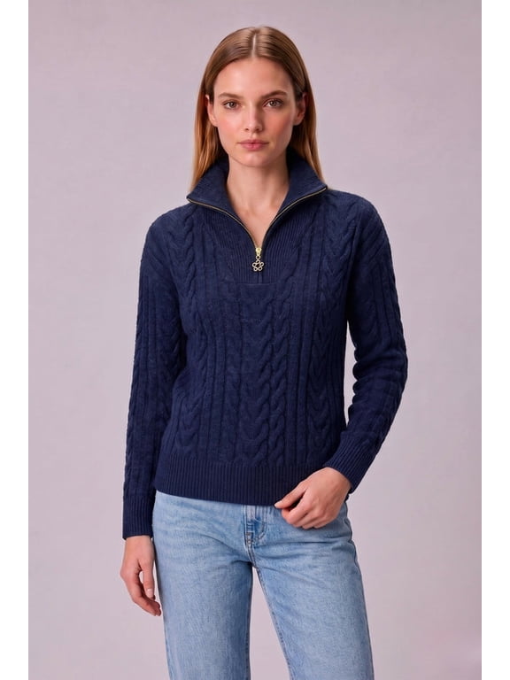Women's S Navy Blue Cable Knit Quarter-Zip Sweater, 80% Wool-Rich, Long Sleeve High Neck Pullover