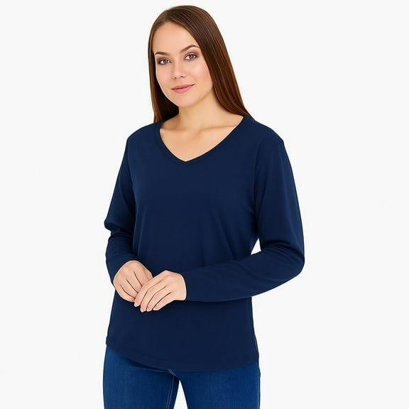 Wear Sierra Women’s V-Neck Cotton T-Shirt – Soft Breathable Long Sleeve Top, Marine, Medium