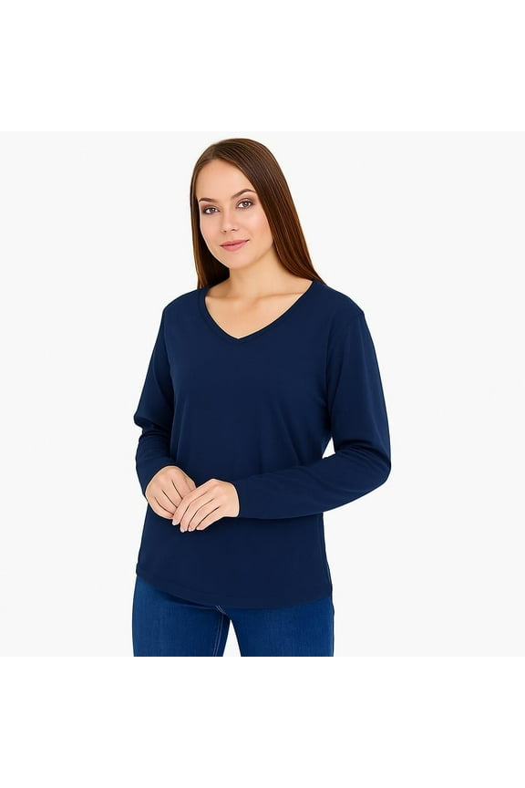 Women’s Long Sleeve V-Neck T-Shirt, Soft Turkish Pima Cotton, Size L