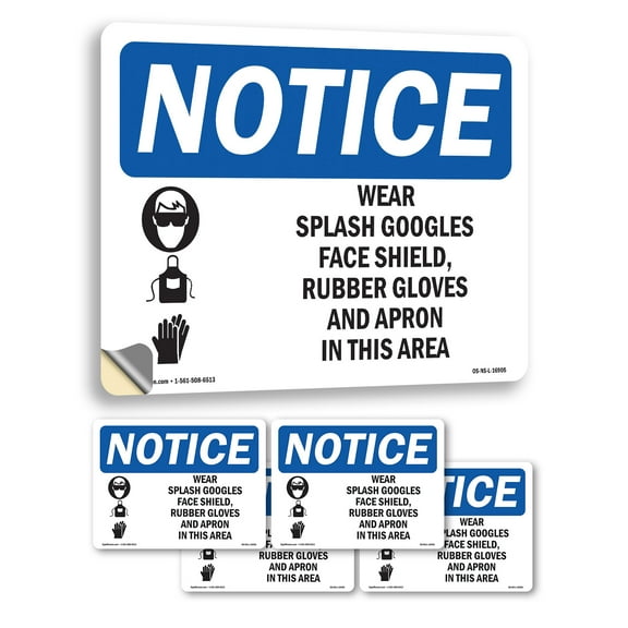 Wear Splash Goggles Shield Gloves Apron OSHA Notice Vinyl Decal Label 24 Inch x 18 Inch - 5 Pack