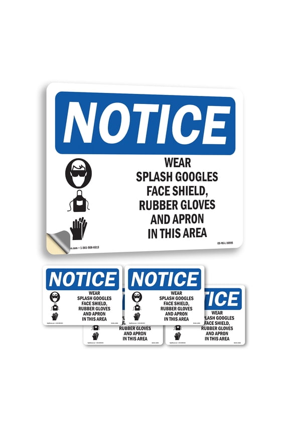 Wear Splash Goggles Shield Gloves Apron OSHA Notice Vinyl Decal Label 5 Inch x 3.5 Inch - 5 Pack