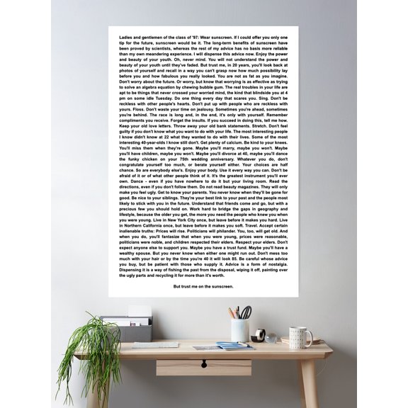 Wear Sunscreen Essay (Black) Poster Wall Art, Modern Wall Decor For Living Room Bedroom, 8x12 UNFRAMED