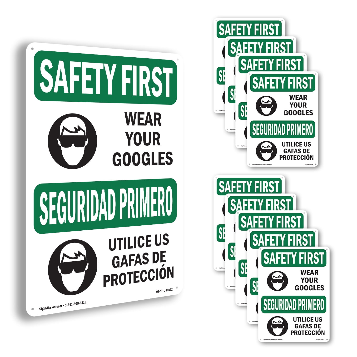 Wear Your Goggles Bilingual OSHA SAFETY FIRST Rigid Plastic Sign 14 ...