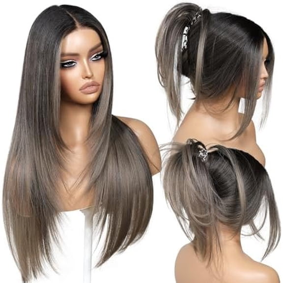 Wear and Go Glueless Grey Wig With Bangs Synthetic Lace Front Ombre Wigs for Women Pre Plucked Pre Cut Layered Wig Ready to Wear Middle Part 26 Inch
