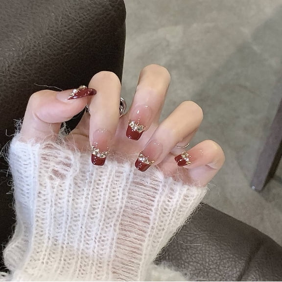 Wear burgundy French fake nail patch manicure semi-handmade New Year's flash nail piece finished product ins pure desire wind
